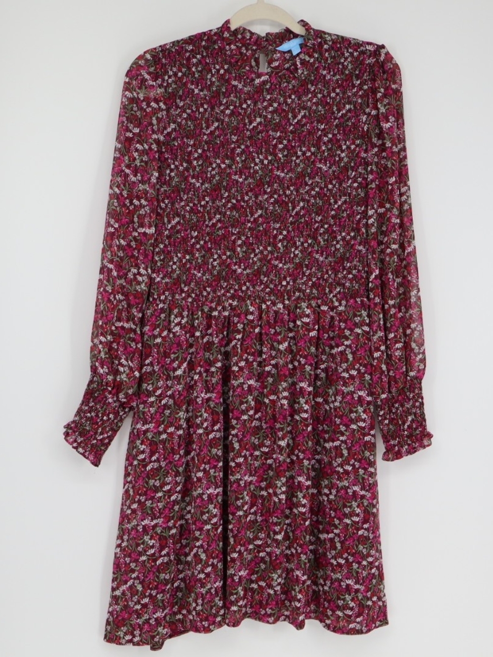 Draper James RSVP Smocked Floral Dress L Burgundy Metallic Long Sleeve Cottageco
